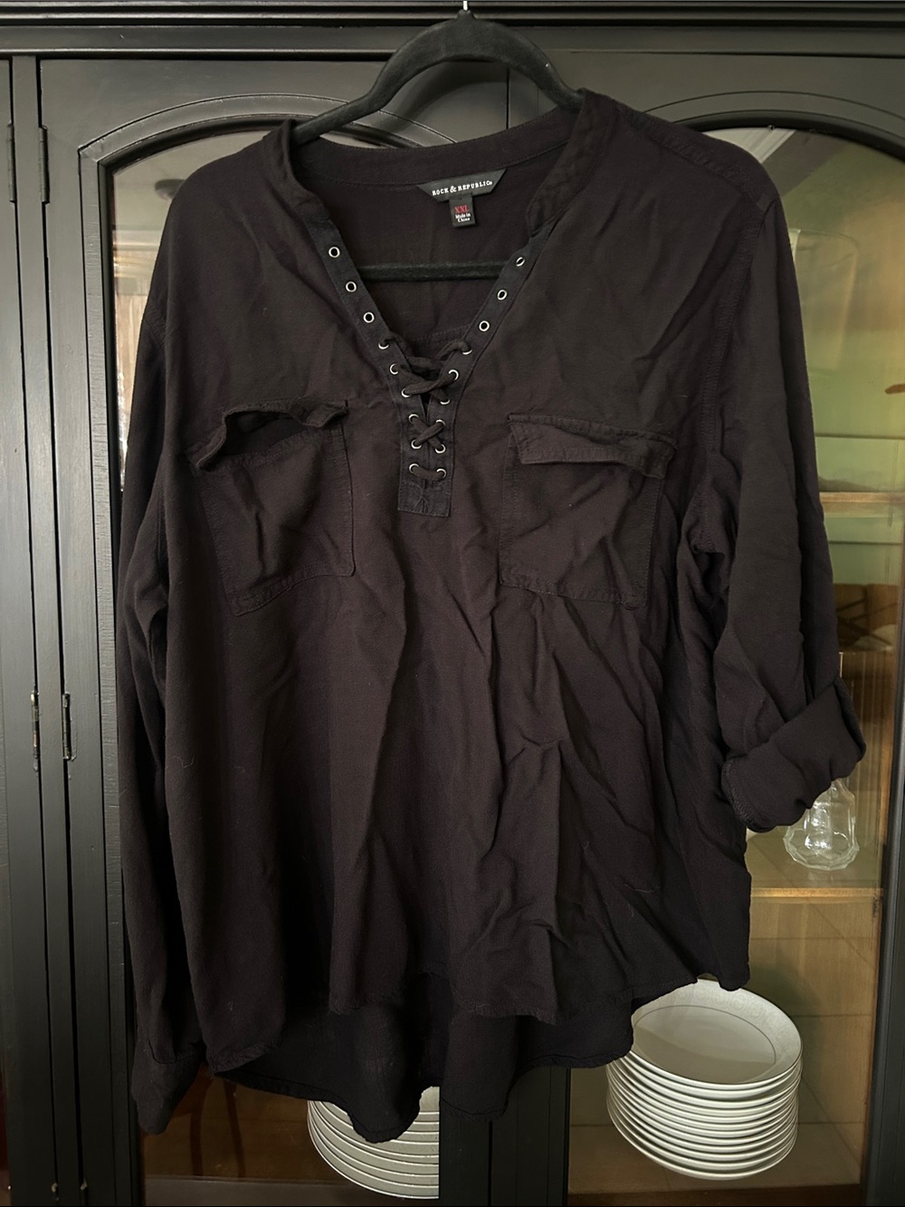 Rock & Republic Black Lace-Up V-Neck Long Sleeve Top